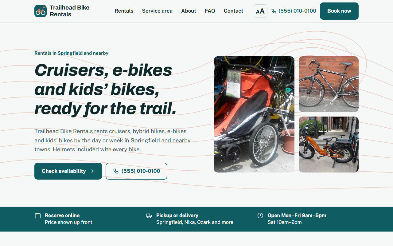 Bike rentals rental website template: homepage