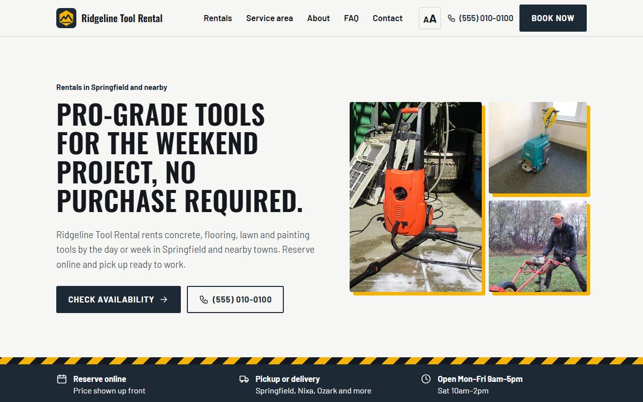 Tool rentals rental website template: homepage